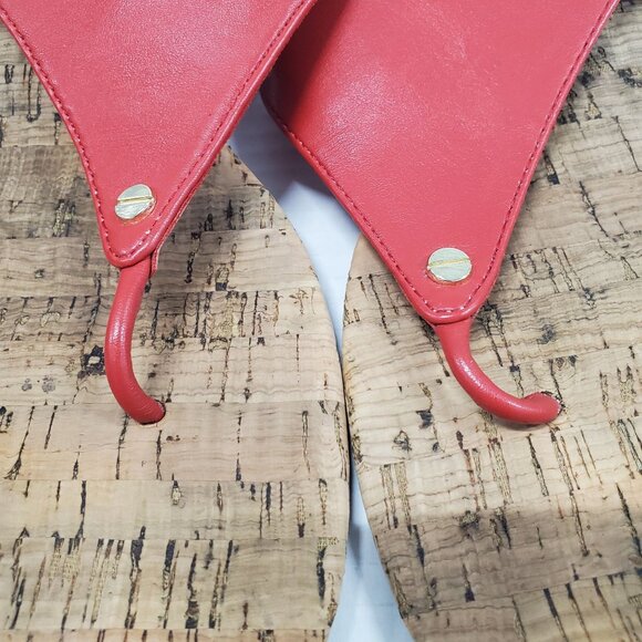 Pesaro Red Faux Leather Peep Toe Sandals With Cork Sole & Gold Buckle Size 11M - Picture 8 of 11